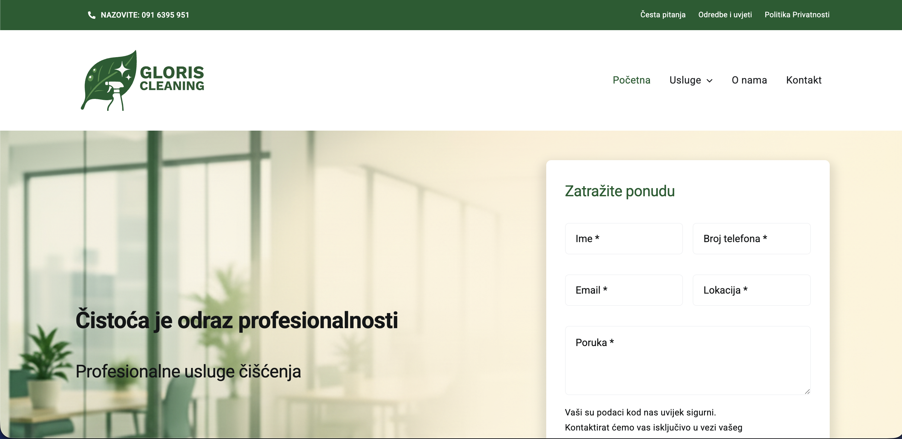 Gloris Cleaning — web stranica za usluge čišćenja